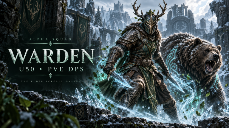 Warden DPS warrior with twin frost daggers and a guardian bear — ESO U50 PvE build by Alpha Squad.