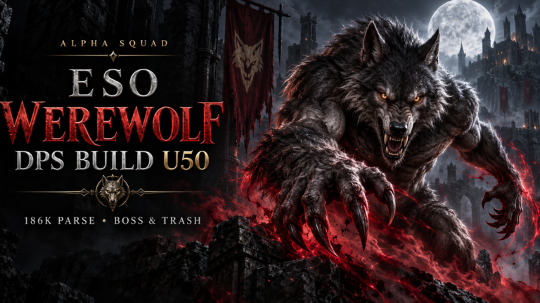ESO Werewolf DPS Build U50 cover showing a dark-furred werewolf with crimson claws beneath a full moon.